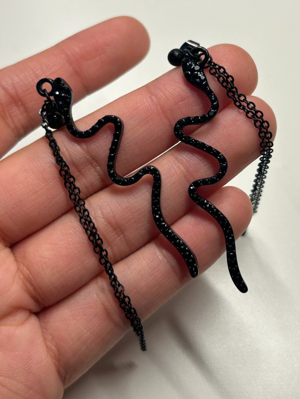 Black Snake Chain Statement Dangle Earrings Edgy Grunge Goth Bold Unique Punk